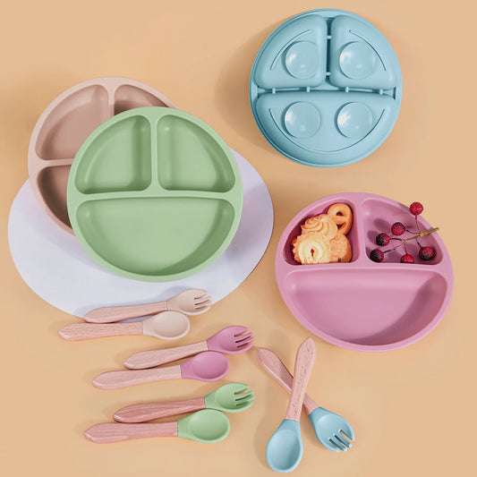 TYRY.HU 3PCS Baby Silicone Feeding Set BPA Free Suction Plate Divided