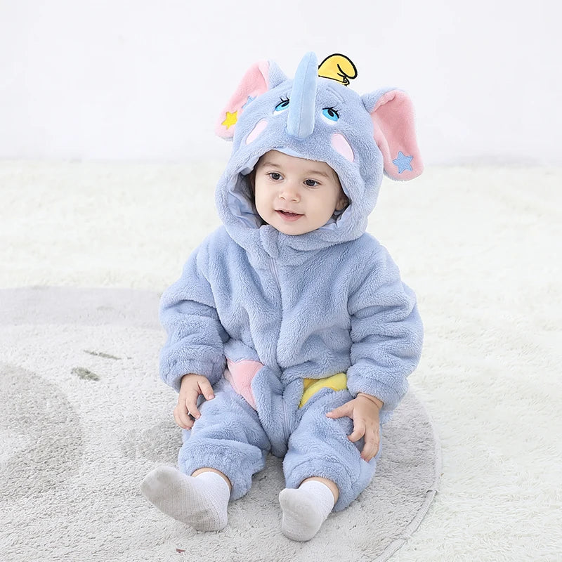Kigurumis Lovely Elephant Newborn Baby Clothes Bodysuit Winter Flannel
