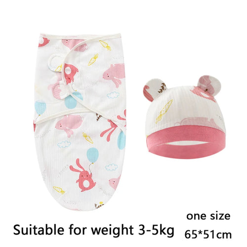 Baby Blanket Hat Set Cartoon Printed Cotton Newborn Swaddle Adjustable