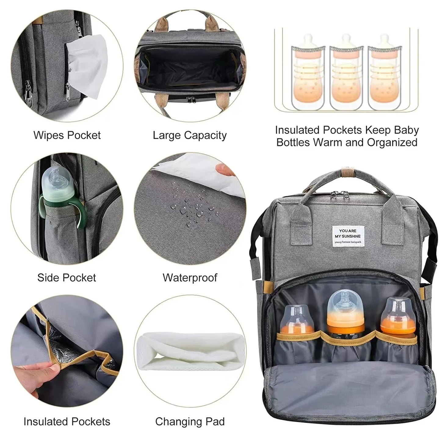 Foldable bed diaper bag with changing station insulated pocket and