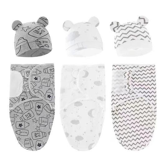 Baby Blanket Hat Set Cartoon Printed Cotton Newborn Swaddle Adjustable